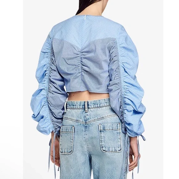 NWT SANDRO Formidable Blue Ruched Stripe Mixed Media Crop Top size 3/large - Picture 3 of 12